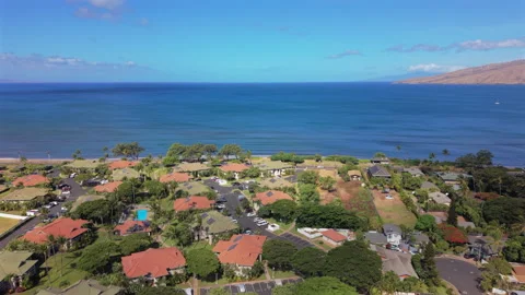 Aerial View of Kihei Beachfront Condos and Blue Ocean on Maui Hawaii Island. Stock Footage 344917796