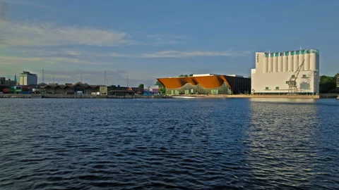Aerial view of Kilden Performing Arts Centre in Kristiansand Norway. Stock Footage 328128318