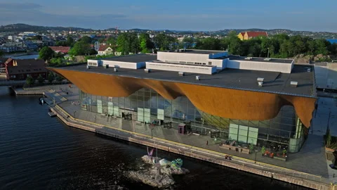 Aerial view of Kilden Performing Arts Centre in Kristiansand Norway. Stock Footage 328128443