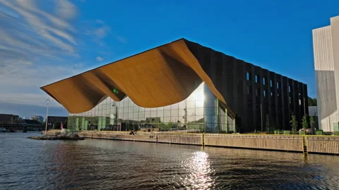 Aerial view of Kilden Performing Arts Centre at golden hour. Stock Footage 328128836