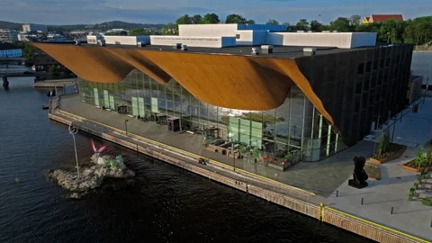 Aerial view of Kilden Performing Arts Centre by the water. Stock Footage 328128893