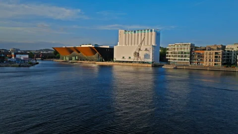 Aerial view Kilden Performing Arts Centre and Sjolyst silo in Kristiansand. Stock Footage 328129017