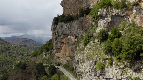 Aerial View of Kipinas Monastery Cliffside in Tzoumerka, Epirus, Greece Video stock 343845011