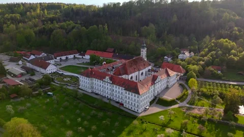 Aerial view of Kloster Schaeftlarn and Praelatengarten park in Bavaria, Germany Stock-Footage 316637604