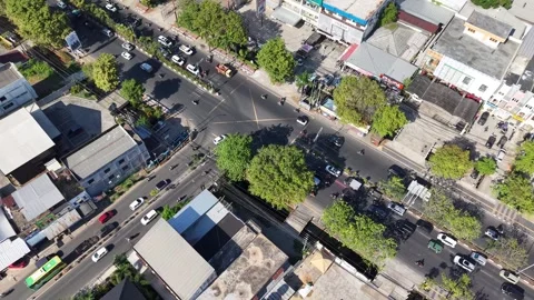 Aerial view of the KM 6 traffic light intersection in Banjarmasin Stock Footage 345962368