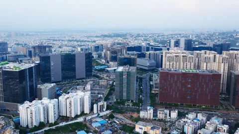 Aerial view of knowledge city with high-rise buildings, glass facade buildings Stockbeeldmateriaal 341075857