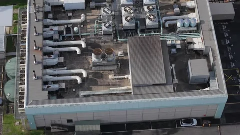 Aerial view of Knox Data Centre rooftop with HVAC systems Melbourne Stock Footage 345628632