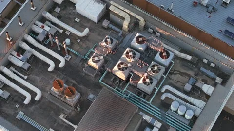 Aerial view of Knox Data Centre at dusk with rooftop equipment Stock Footage 348029753