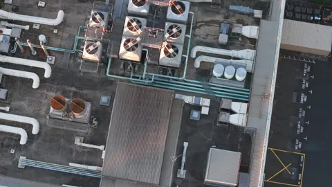 Aerial view of Knox Data Centre rooftop at evening with cooling systems Stock Footage 348043810