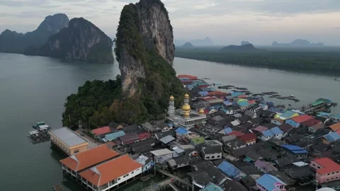 Aerial View of Ko Panyi Floating Village and Mosque in Phang Nga, Thailand Stock Footage 335254822