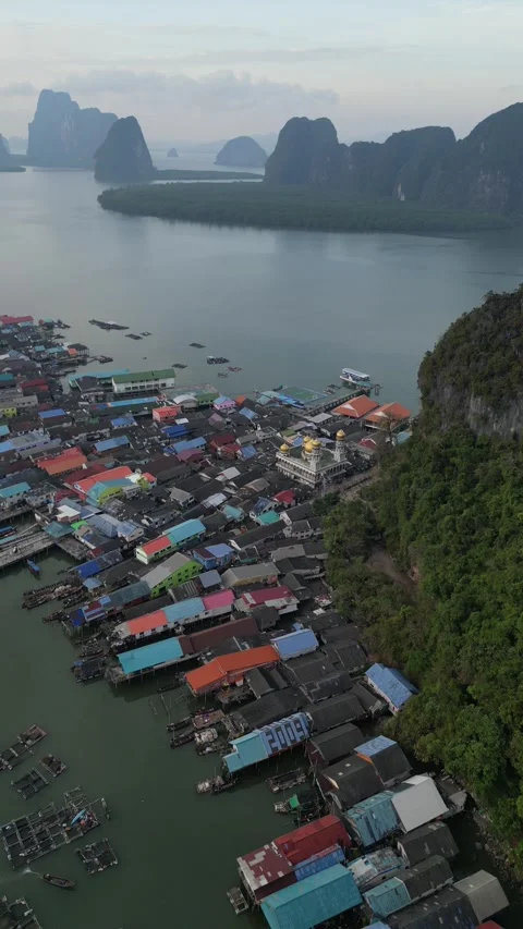 Aerial View of Ko Panyi Floating Village in Phang Nga, Thailand Stock Footage 335254841