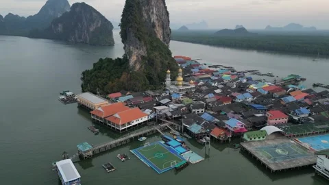 Aerial View of Ko Panyi Floating Muslim Village in Phang Nga, Thailand Stock Footage 335254880
