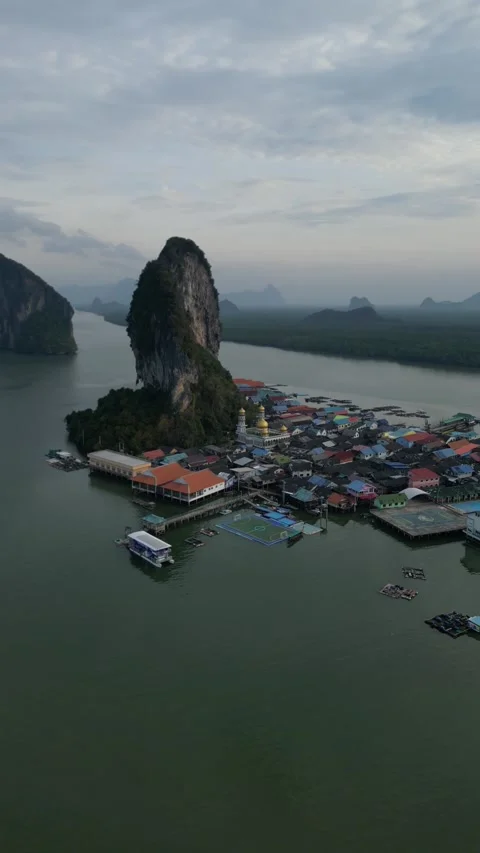 Aerial View of Ko Panyi Floating Fishing Village in Phang Nga, Thailand Stock Footage 335254980
