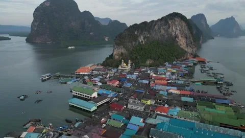 Aerial View of Ko Panyi Floating Village in Phang Nga, Thailand Stock Footage 335255030