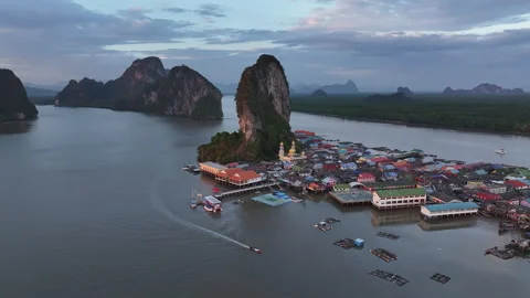Aerial view of ko panyi floating village in thailand at dusk Video stock 339571253