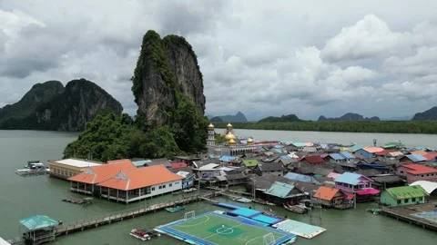 Aerial View of Koh Panyee Floating Village in Phang Nga, Thailand Stock Footage 334623052