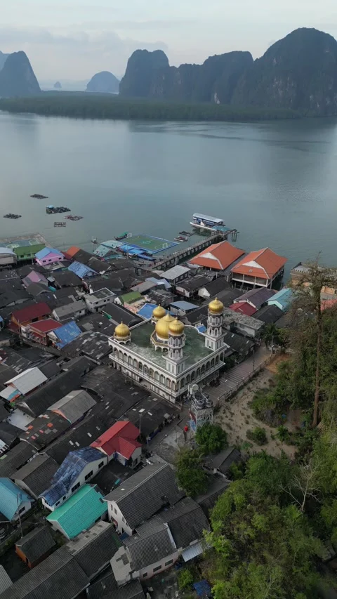 Aerial View of Koh Panyee Floating Village Mosque in Phang Nga, Thailand Stock Footage 335254873