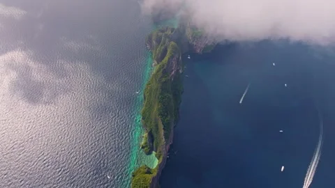 Aerial view of Koh Phi Phi Lee with beaches, cliffs and lagoons Stock Footage 303358356