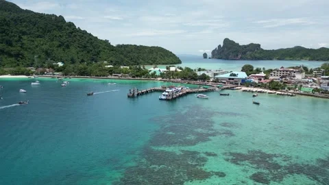 Aerial View of Koh Phi Phi Harbor and Tropical Bay in Thailand Stock-Footage 334721400