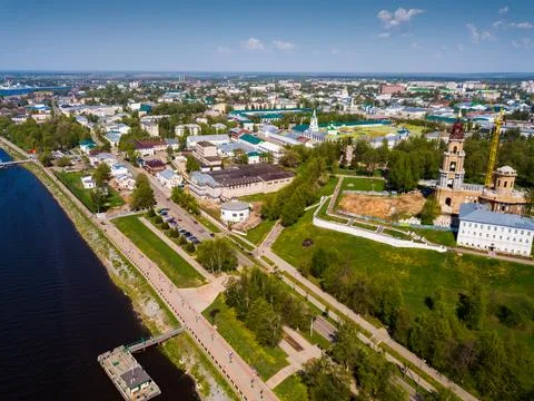 Aerial view of Kostroma with Kremlin Complex during reconstruction Stock Photos