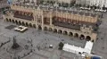 Aerial View of Krakow, Market Square, Town Hall Tower, Cloth Hall, Drapers' Hall HD Footage