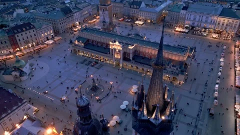 Aerial view of Krakow in the night Market Square, St Mary's Church, Cloth Hall Video stock 236448853