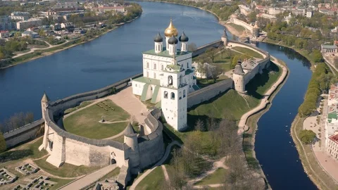 Aerial view of Kremlin in Pskov Stock Footage 107990833