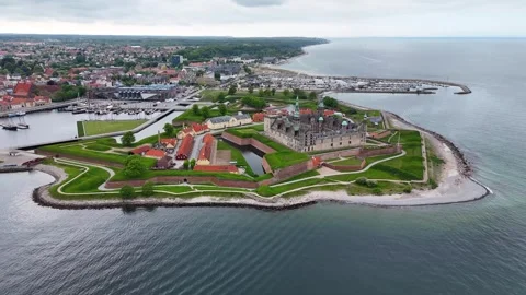 Aerial view of Kronborg Castle over moat and sea, Helsingor, Denmark Stock Footage 337643452