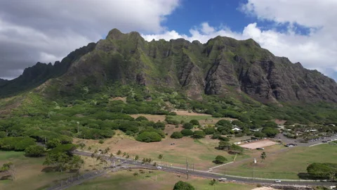 Aerial View of the Kualoa Mountain Range on Oahu Hawaii Stock Footage 171528147