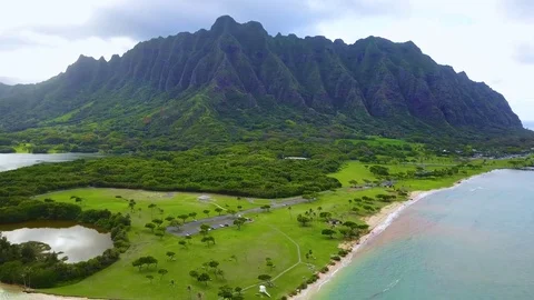 Aerial View of Kualoa Park with KoOlau Mountains Oahu Hawaii Stock Footage