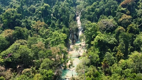 Aerial View of Kuang Si Waterfall Luang Prabang, Laos Stock Footage 342334603