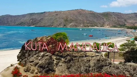Aerial view of Kuta Mandalika Beach in Lombok, Indonesia. Stock Footage