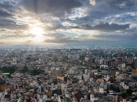 Aerial View of Kyoto, Japan Featuring Kyoto Tower and Mountains Stock Photos