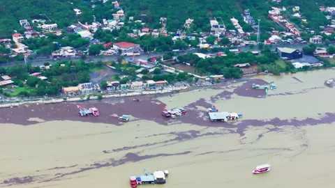 Aerial View La Boca Dam Flooding After Storm Alberto Stock Footage 322099693