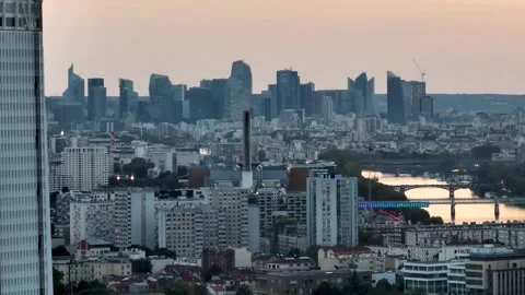 Aerial view of la defense district next to seine river and bridges Stock Footage 252531706