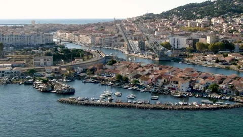 Aerial view of La Pointe Courte in Sete in october by drone 21 Stock Footage 296628697