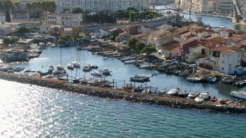 Aerial view of La Pointe Courte in Sete in october by drone 23 Stock-Footage 296628703