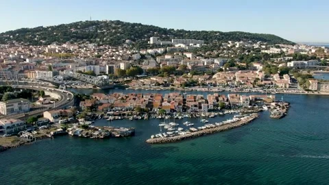 Aerial view of La Pointe Courte in Sete in october by drone 19 Stock Footage 296628705