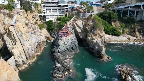 Aerial view of La Quebrada cliff diving, iconic Acapulco tourist site Stock Footage 334128961