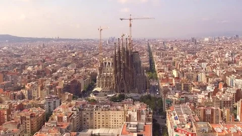 Aerial View of La Sagrada Familia Cathedral and Barcelona City, Spain Stock Footage