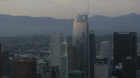 Aerial view LA skyscraper rooftops Wilshire Grand Center Stock Footage 95995683
