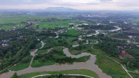 Aerial View Labuh Banting River Meanders and Rice Fields Stock Footage 329353412