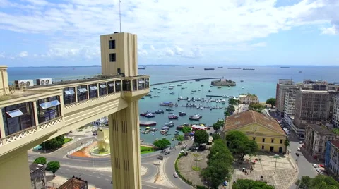 Aerial View of Lacerda Elevator and All Saints Bay in Salvador, Bahia, Brazil Stock Footage 53855572