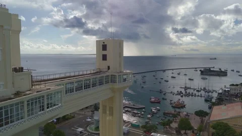 Aerial view of the Lacerda Elevator and All Saints Bay, Salvador, Bahia, Brazil. Stock Footage 333400571