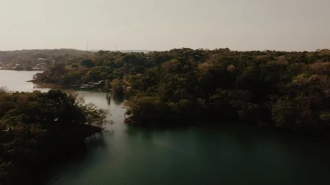 Aerial View Lago Petén Itzá Flores Island Guatemala - Serene Drone Shot Over Stock Footage 340036483