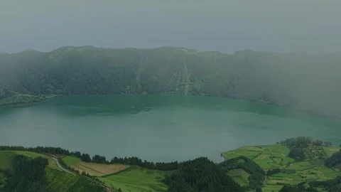 Aerial View of Lagoa Azul Inside Sete Cidades Caldera Stock Footage 347125384