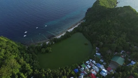 Aerial view of lagoon surrounded by lush green hills and ocean on Apo Island 스톡 동영상 332615796