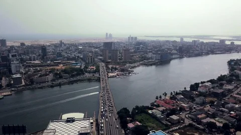 Aerial view of Lagos City commercial center Stock Footage
