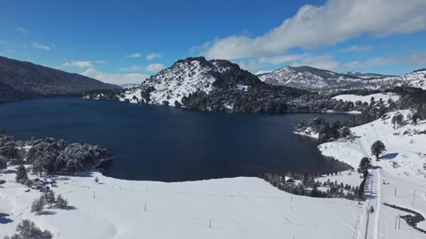 Aerial View Laguna Chica de Icalma Lake Snow Mountains High Frame Rate Chile Stock Footage 344552020