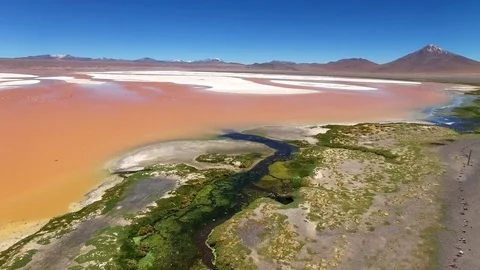 Aerial view of Laguna Colorada (red water lake), Atacama desert, Bolivia. Stock Footage 72185444